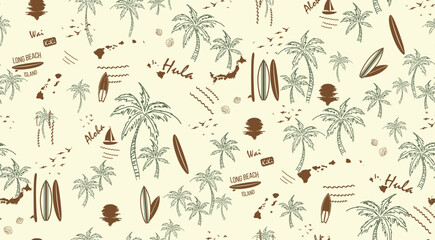 hawaii print seamless pattern Vector illustration, Hand Draw Style, Palm, Surf, Sunset  - obrazy, fototapety, plakaty