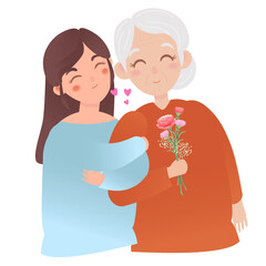 Young woman hugging her mother with flowers in her hands