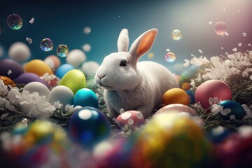 Cute white bunny with colorful easter eggs background, Happy Easter Concept. Generative Ai