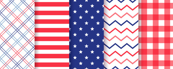Obraz premium 4th july seamless pattern. American backgrounds. Patriotic textures. Happy independence prints. Set of abstract geometric backdrops. Modern blue red wrapping paper. Vector illustration.