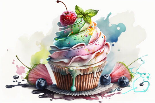 Fruit cake, sweet dessert cupcake with berries colorful watercolor illustration. Generative ai