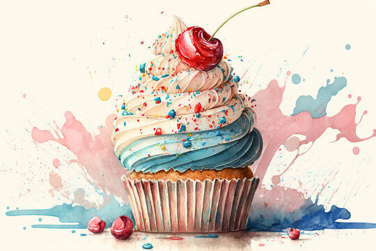 Cake with cherry, decorated sweet dessert cupcake colorful watercolor illustration. Generative ai