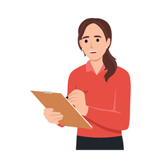 Young woman holding clipboard and writing. Vector illustration in cartoon style.