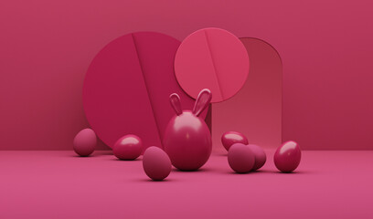 Viva magenta is a trend colour year 2023 in easter holiday. Easter eggs with Rabbit ears on dark pink background. Banner, web poster, flyer cover, greeting card.3d render