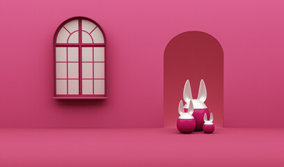 Viva magenta is a trend colour year 2023 in easter holiday. Easter eggs with Rabbit ears on dark pink background. Banner, web poster, flyer cover, greeting card.3d render