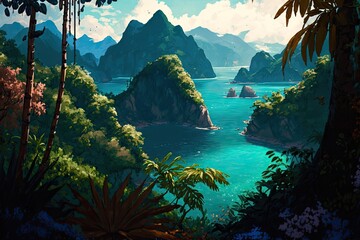 A tropical bay surrounded by lush vegetation and towering mountains. The digital equivalent of an oil painting. Generative AI