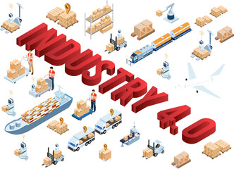 3D isometric Industry 4.0 concept with Computer-integrated manufacturing, Digital modeling and fabrication, Industrial control system, Intelligent Maintenance Systems.
