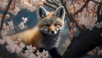 Naklejka premium fox in a cherry grove