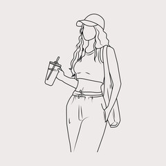 Line drawing of a young beautiful female college student with coffee