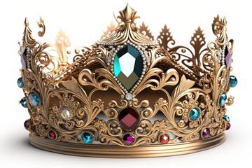 Isolated on a white background is a golden crown bedecked with jewels fit for a king. Embedded clipping path is included. Generative AI