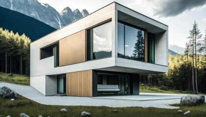 Obraz na płótnie Canvas Modern Scandinavian style concrete and glass house design on a mountain slope. Generative AI