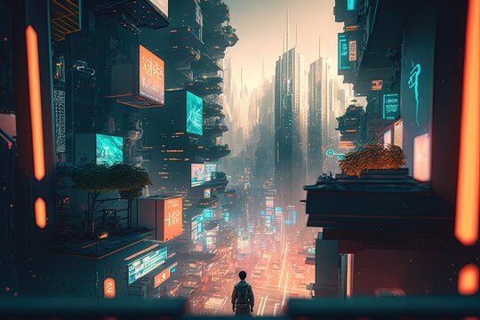 Futuristic cityscape with building, tower, skyscraper. Generative AI 