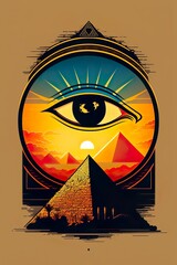 Eye of Horus or Eye of Ra in Egyptian landscape, above pyramid, simple minimalist logo - obrazy, fototapety, plakaty