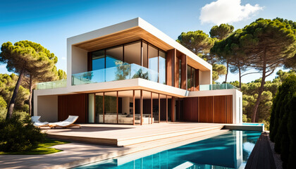 Modern Mediterranean style house design with terrace and swimming pool. Generative AI