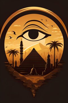 Eye of Horus of Eye of Ra, above pyramid, simple logo illustration