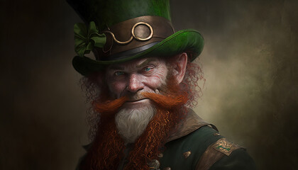 St. Patrick's day celebration background. Leprechaun man in green hat Generative ai
