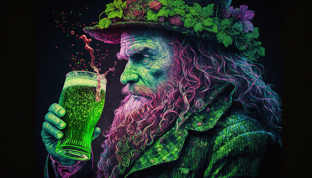 St. Patrick's day celebration background. Leprechaun man in the green hat with green beer pint Generative ai