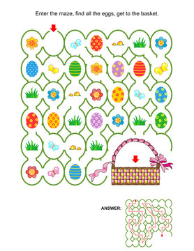 Easter egg hunt maze game with basket, painted eggs, fresh green grass, flowers. Answer included.
