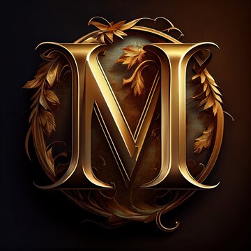 m letter in a golden monogram relief, generative AI