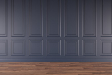 Mockup classic navy blue wall interior. Floor parquet. Digital illustration. 3d rendering
