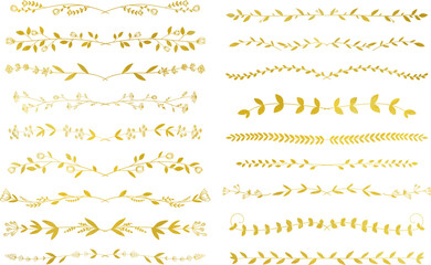 金色の繊細な植物や花のボタニカルラインセット　ベクター素材