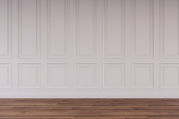 Mockup classic white wall interior. Floor parquet. Digital illustration. 3d rendering
