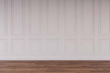Mockup classic white wall interior. Floor parquet. Digital illustration. 3d rendering
