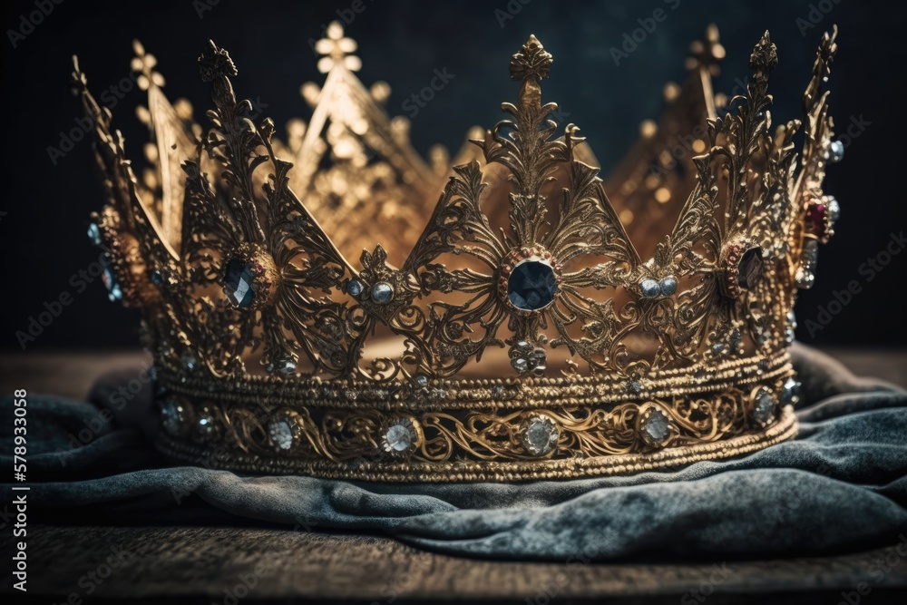 Poster Crown of a beautiful queen or king resting casually on a table covered in gold glitter. aged filtering. Medieval Era Fantasy. Generative AI