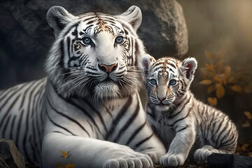 White tiger mother with cub. Generative Ai.