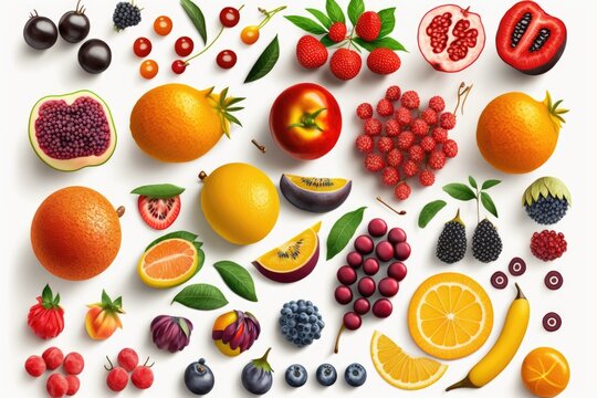 Various ripe fruits and berries set against a white background. Fruits like bananas, passion fruits, persimmons, plums, melons, lychees, cantaloupes, kiwis, strawberries, blueberries, and cranberries