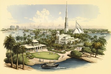 8 FEBRUARY 2005, DUBAI, UAE In 1993, the Dubai Creek Golf and Yacht Club opened as the city's first of numerous golf clubs, notable for its sail shaped clubhouse. Generative AI