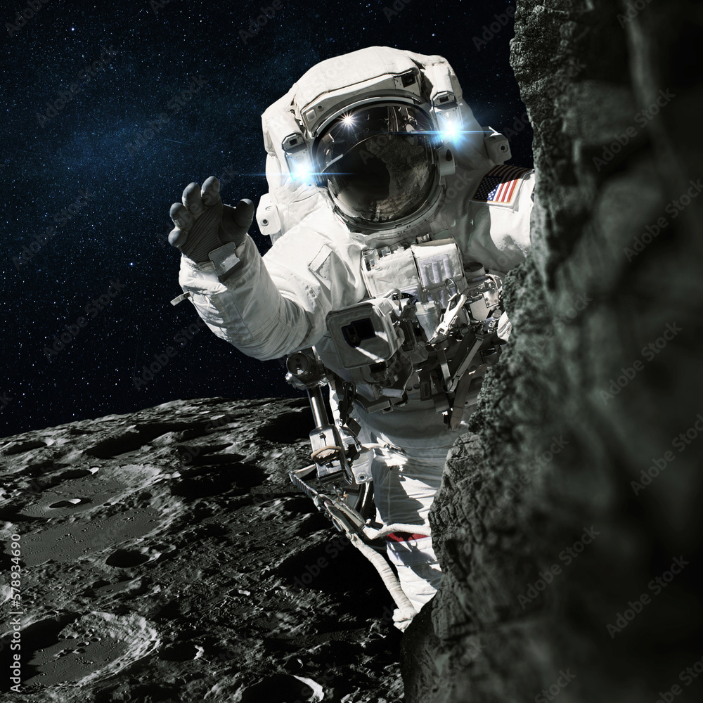 Poster space man in a suit travels on the moon and climbs uphill. cosmic mission and moon exploration. astr