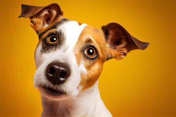 Happy Jack Russell Terrier looks at object with interest turns its head in different directions funny close up on Yellow background looking at camera with Generative AI Technology