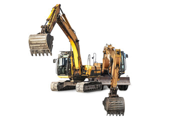 Two powerful excavators isolated on white background. Powerful excavator with an extended bucket close-up. Construction equipment for earthworks. element for design.