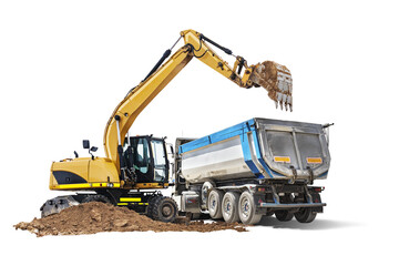 Large dump truck and excavator close-up on a white isolated background.Construction equipment for earthworks. element for design. Rent of modern construction equipment. © Anoo
