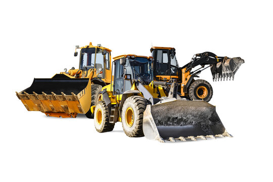 Three heavy front loaders or bulldozers on a white isolated background. Construction equipment and transport. Transportation and movement of bulk materials. excavation. element for design.