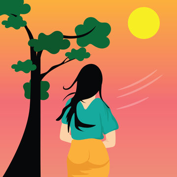 Girl back view watching sunrise concept vector illustration with nature around.