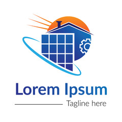 Fototapeta premium Modern solar panel on residential house logo vector illustration with dummy text on white background. Renewable energy icon.