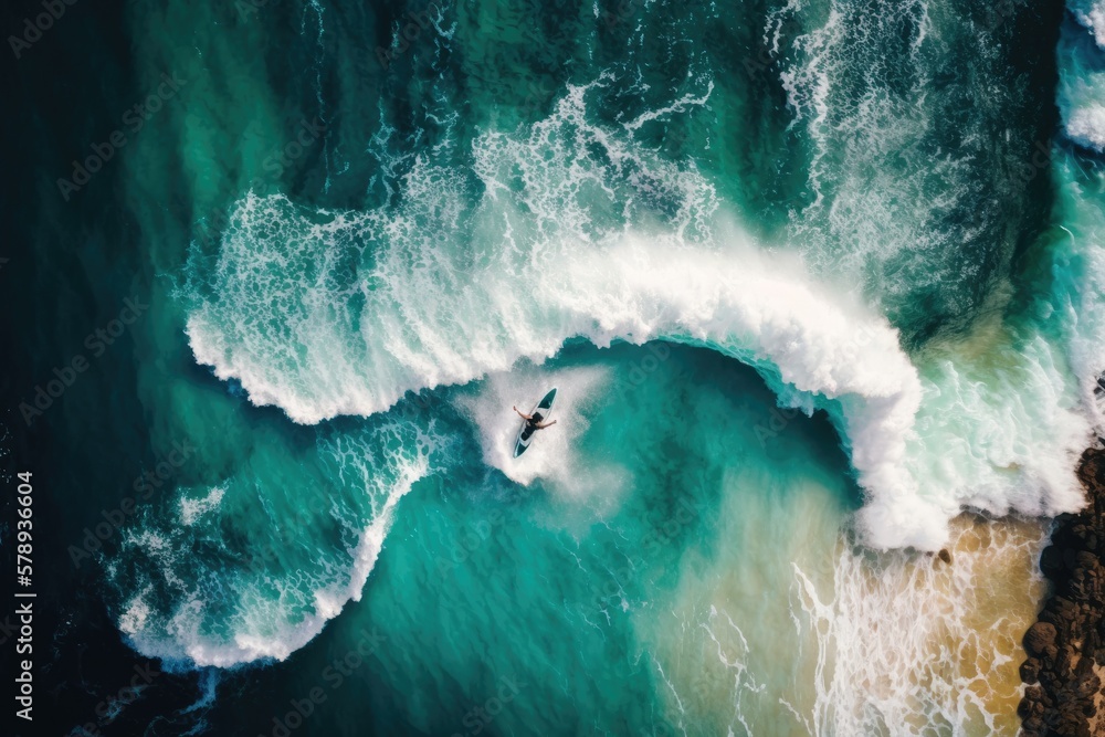 Poster top down aerial photo from a hovering drone showing a surfer in the air and the ocean waves lapping 