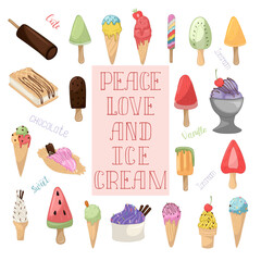 A set of vector illustrations of different types of ice cream drawn by hand. Fruit, chocolate, cream ice cream and fruit ice