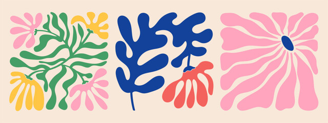 Groovy doodle and abstract organic plant shapes art set. Matisse floral posters in trendy retro 60s 70s style.