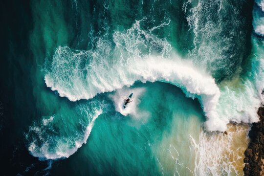 Top down aerial photo from a hovering drone showing a surfer in the air and the ocean waves lapping towards the coast. Generative AI