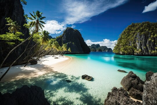 El Nido, Palawan, Philippines, is home to a beautiful beach with white sand, coconut trees, and blue water. Generative AI