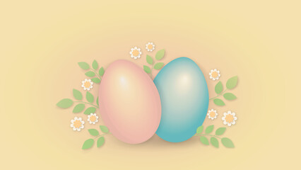 Fototapeta na wymiar Easter eggs and blooming spring flowers background
