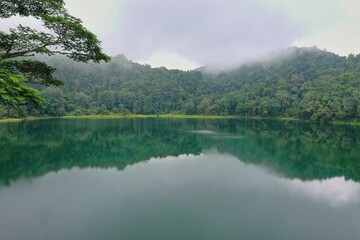 Idyllic shot of the green Rana Mese lake on Flores, surrounded by rainforest with hazy clouds.