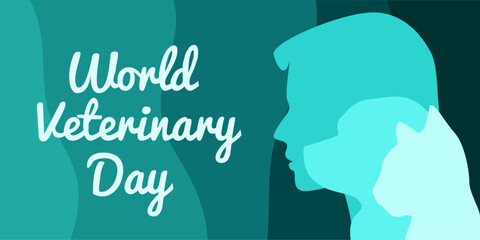 World Veterinary Day vector. Dog, cat and man silhouette vector. Pets from side silhouette icon isolated on a blue background. Domestic animals together vector. Important day.