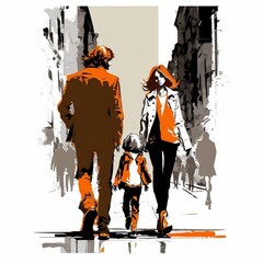 man, woman and child, in the city, icon, pop art, brown-orange tones, white background, generated in AI
