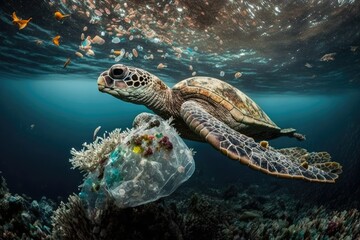 Obraz premium Plastic waste has an adverse effect on marine life. Plastic pollution an environmental disaster. Generative AI