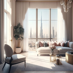 Luxury apartment with a beautiful view over futuristic city created with Generative AI technology
