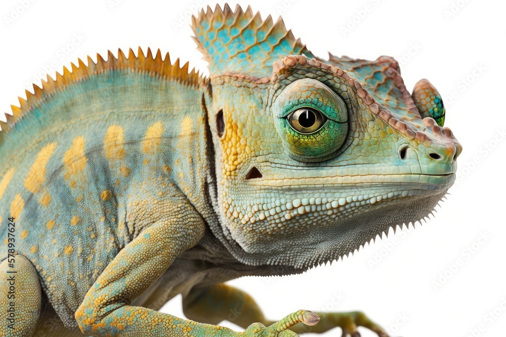 Poster chameleon with a mask images of a single chamaeleo calyptratus on a white background. generative ai